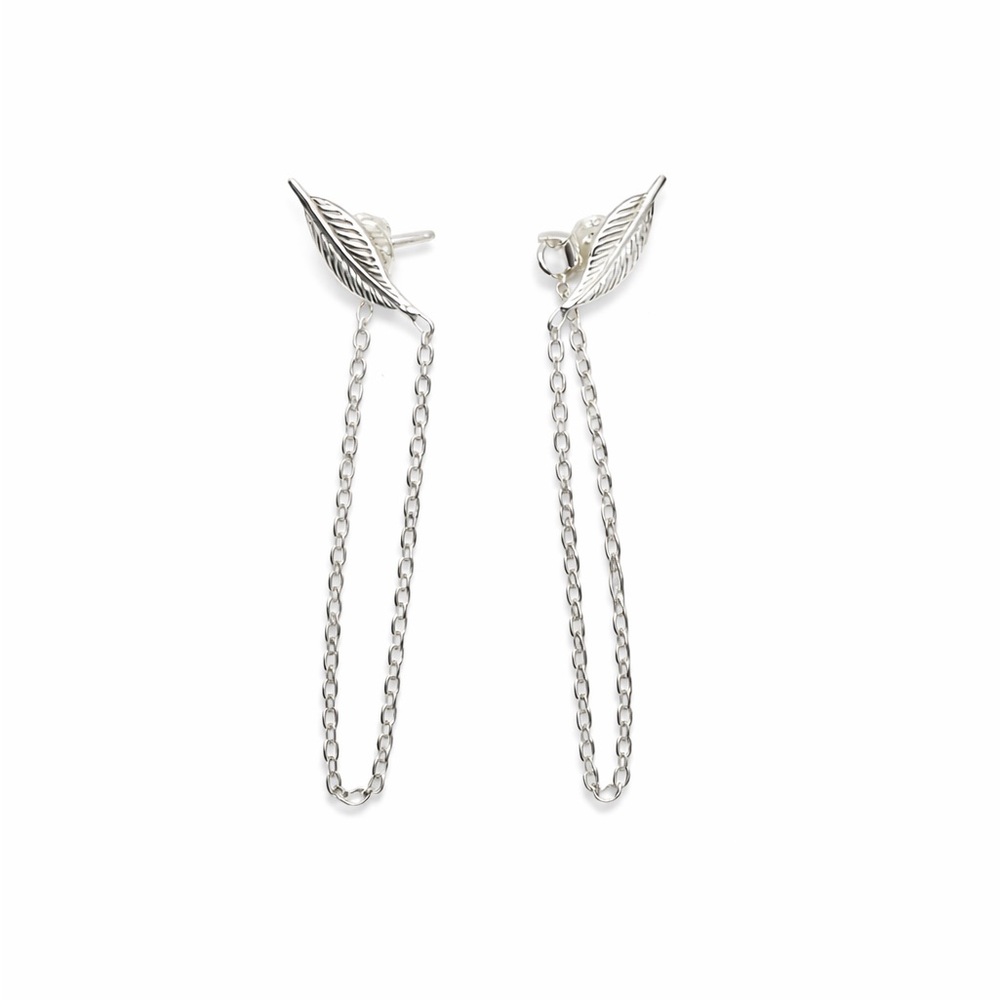S925 Leaf Chain Hoop Stud Earrings